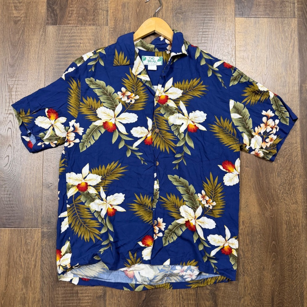 Vintage Two Palms Hawaiian Shirt Men's M 100% Rayon Made in Hawaii Floral Aloha